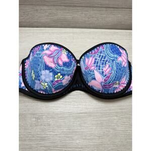 Victoria's Secret Blue Floral 32DD Flirt Strapless Bandeau Swim Suit Bikini Top
